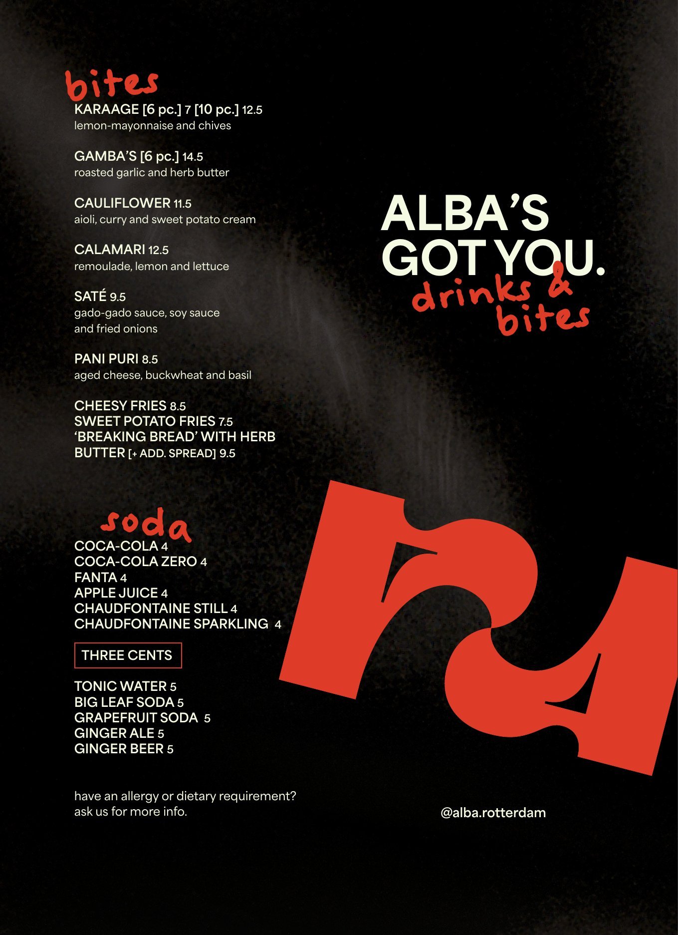 Alba menukaart — bites